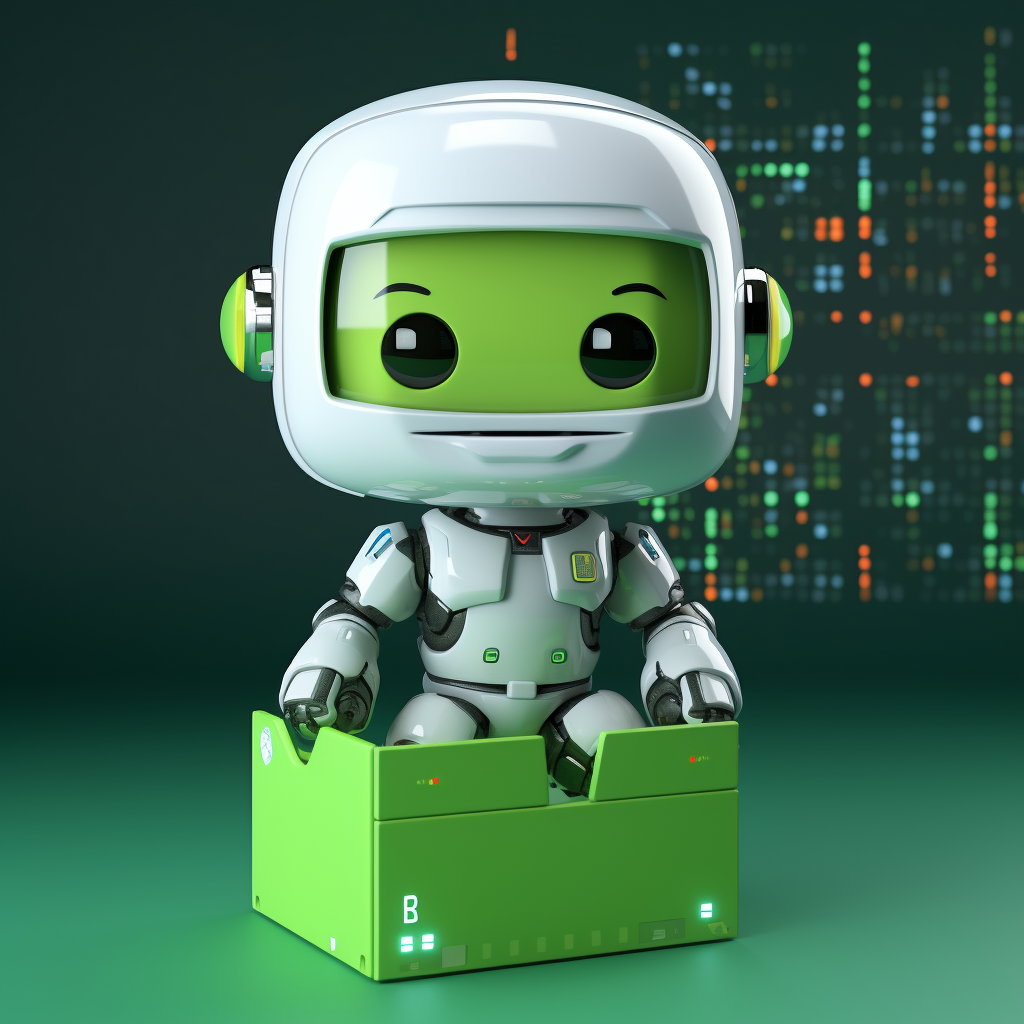 Cute Green Robot on 3D Box