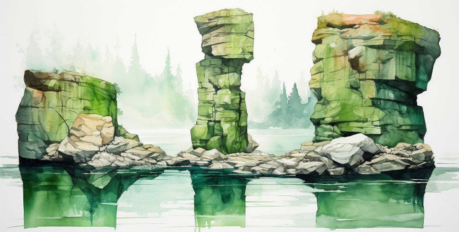 Green Rock Pillars Watercolor Scene