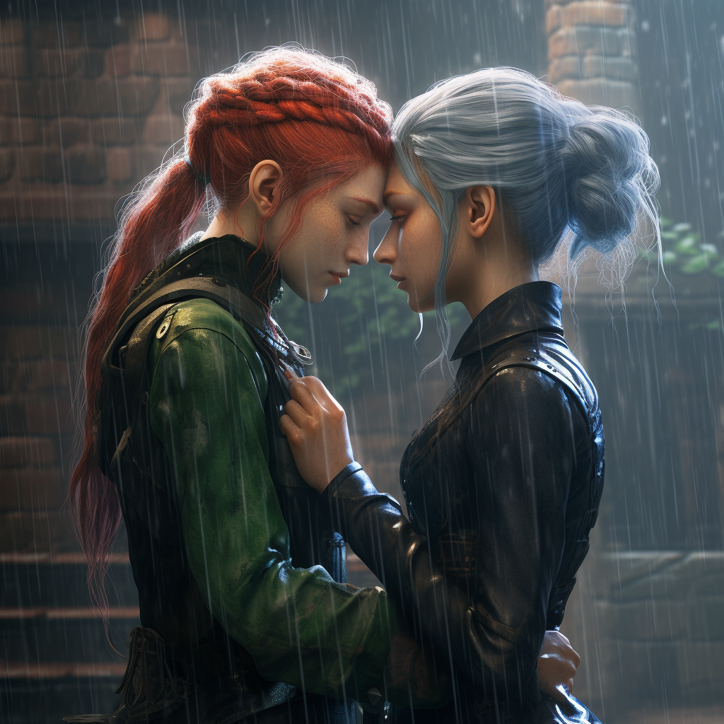 Goblin Girls Kissing in Rain