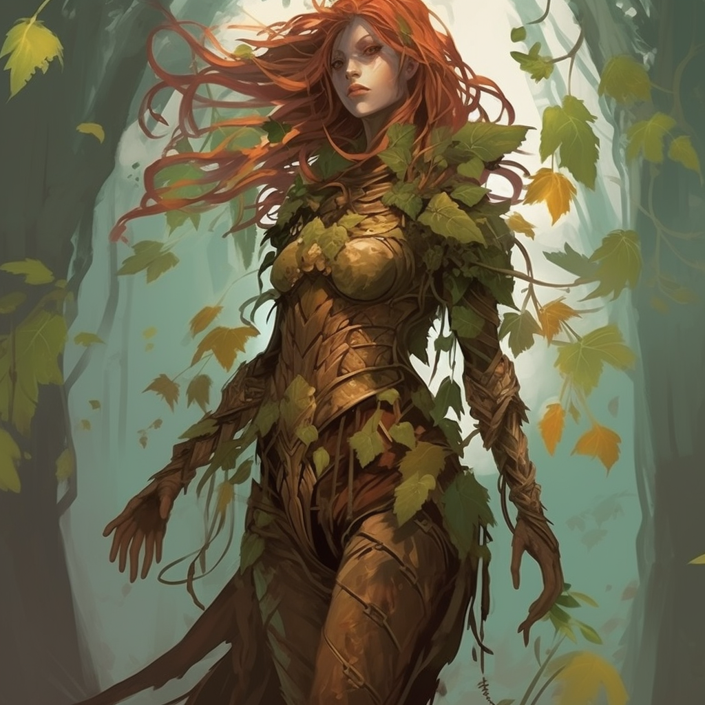 Beautiful forest queen surrounded by plants and flowers