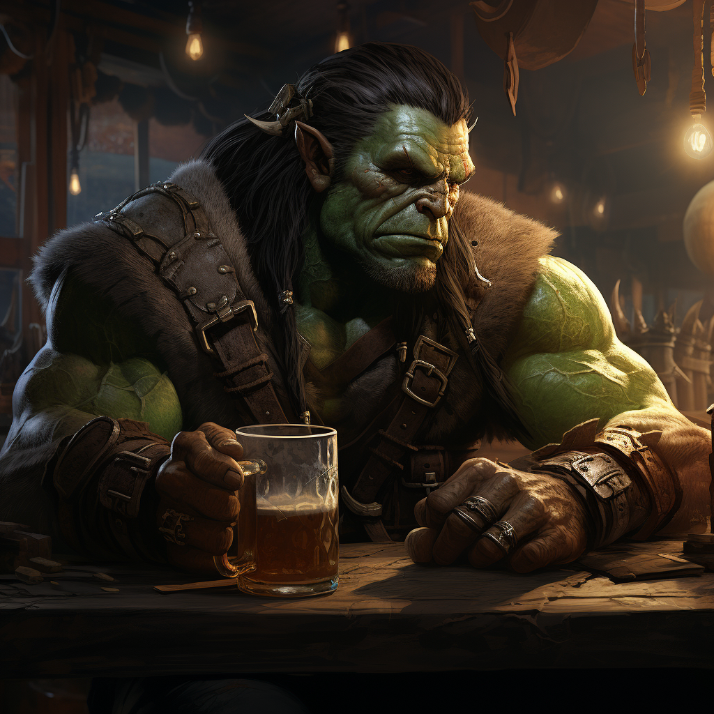 Orc Barbarian in Tavern Drinking Ale