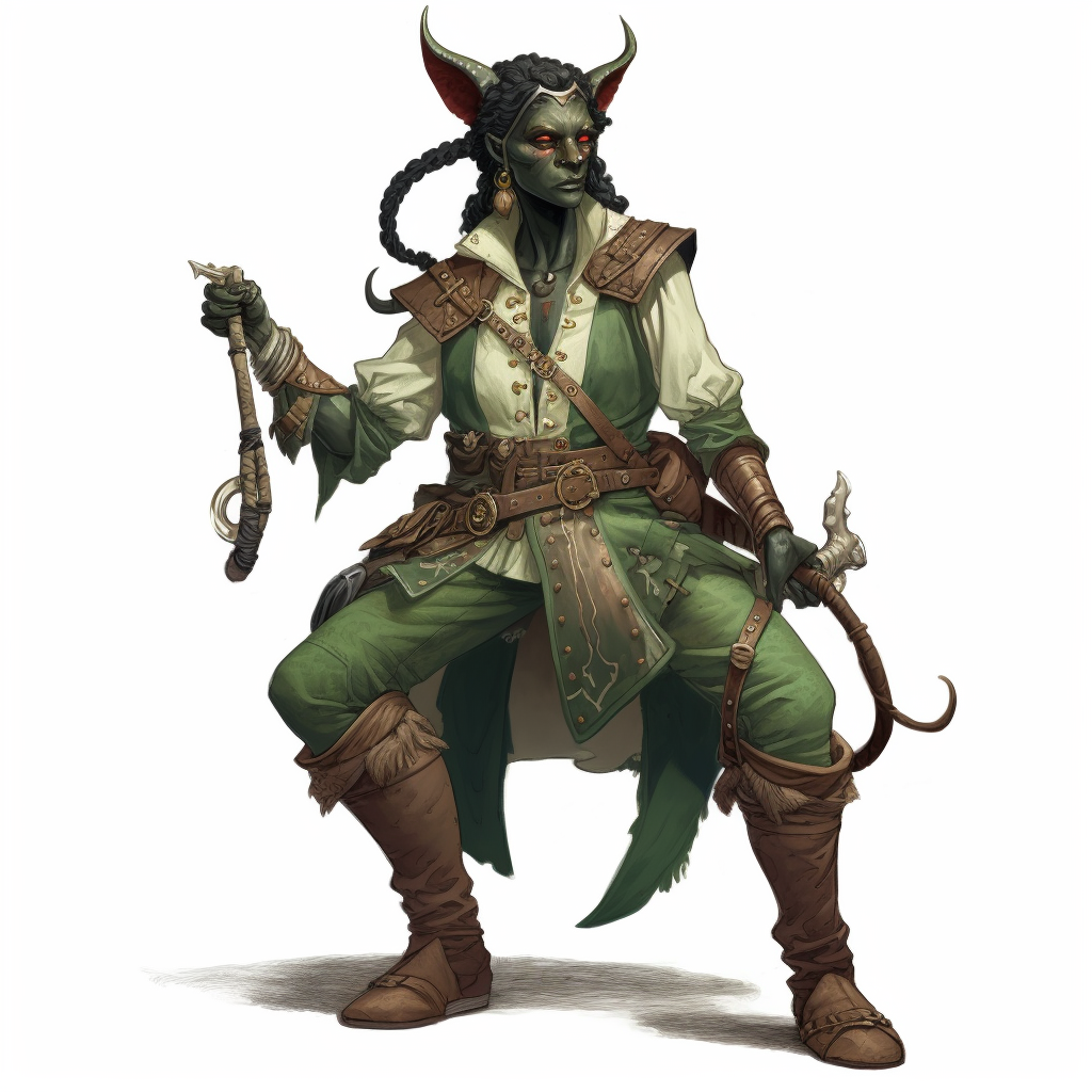 Green Skinned Tiefling DND Character on White Background