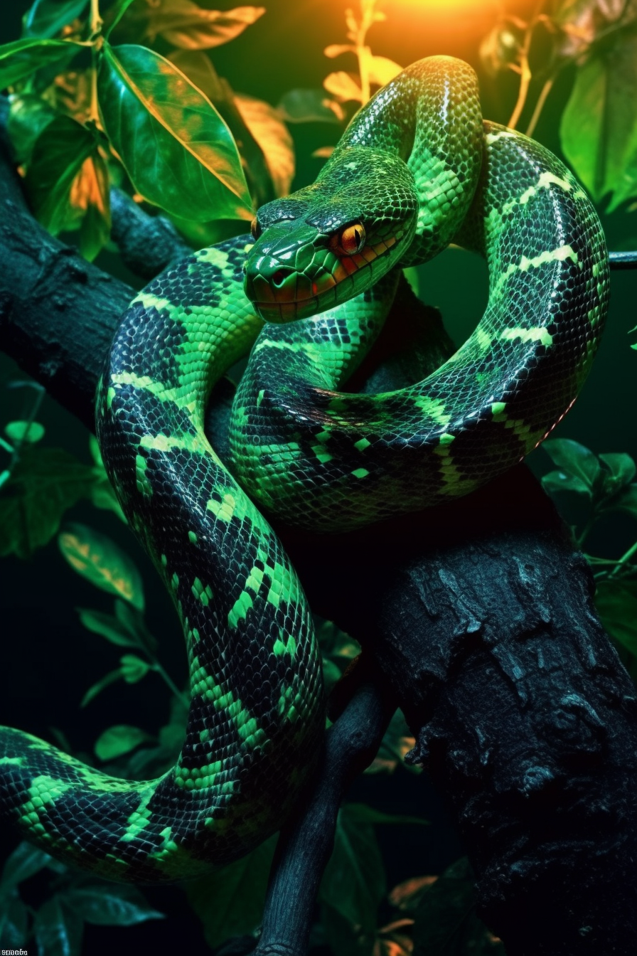 Close-up of Poisonous Green Snake in Enchanted Forest