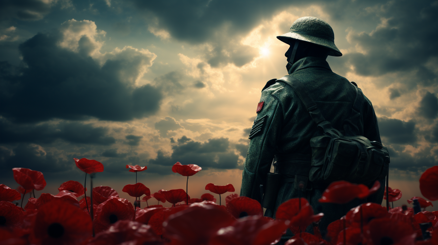 Soldiers hat amidst poppy field