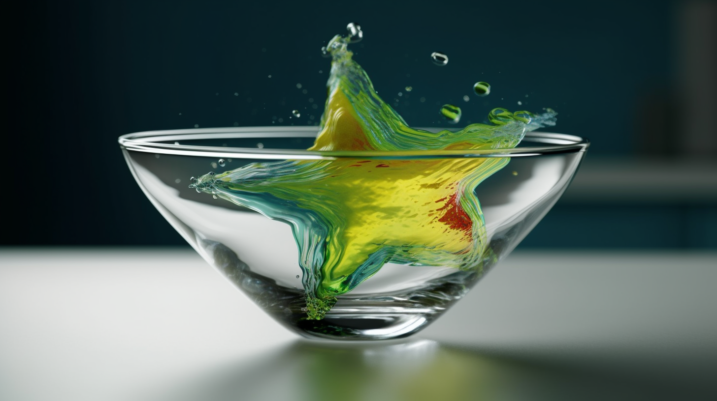 Green star food falling into transparent glass bowl with colorful water