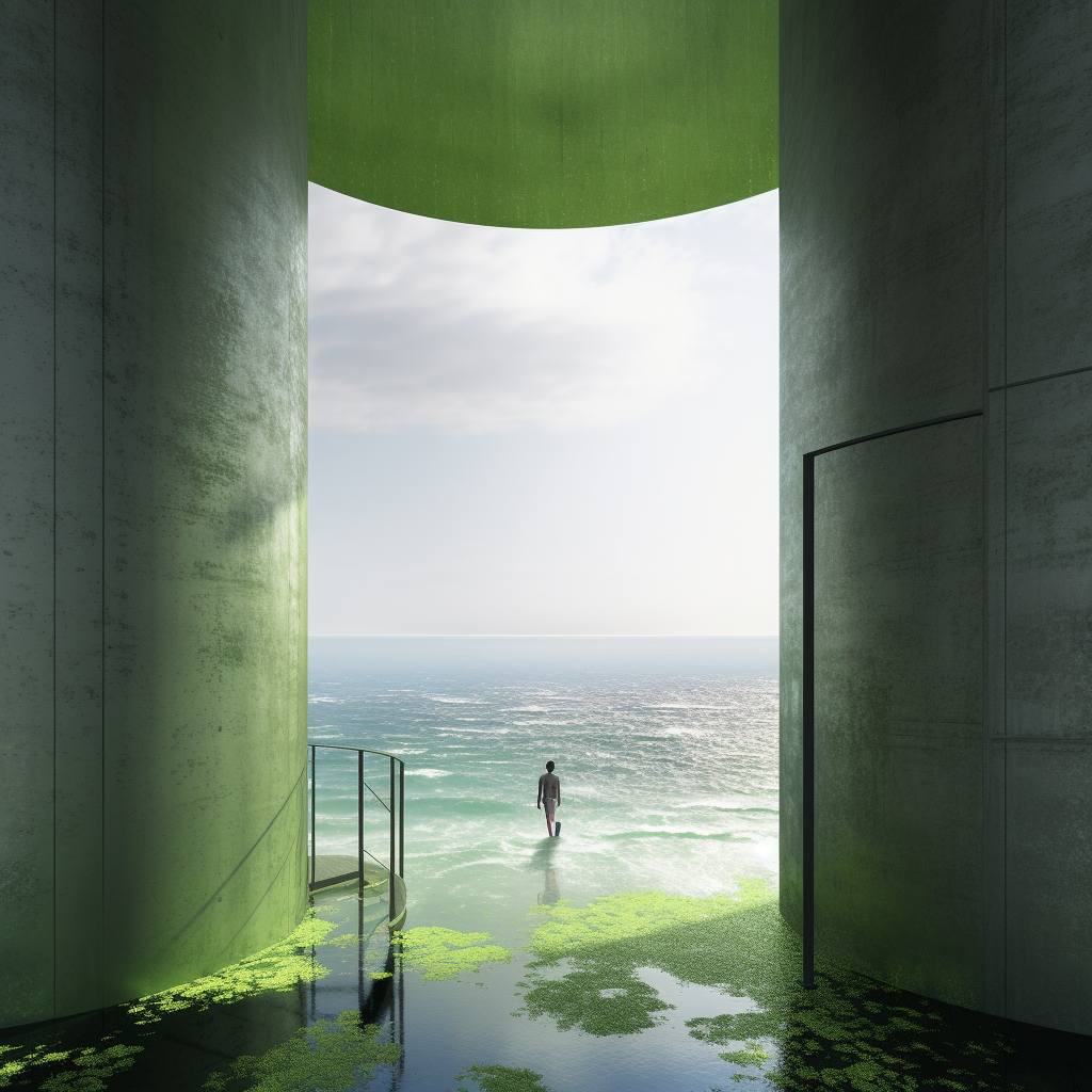 Green steel concrete tower on nature platform