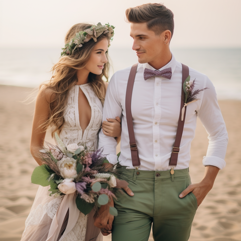 Green suit wedding on the beach