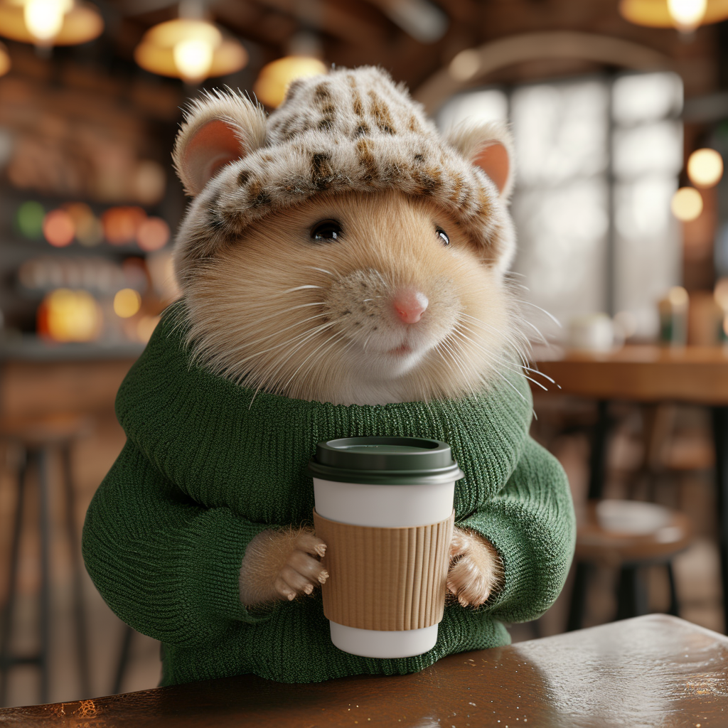 Hamster in green sweater with coffee in cafe