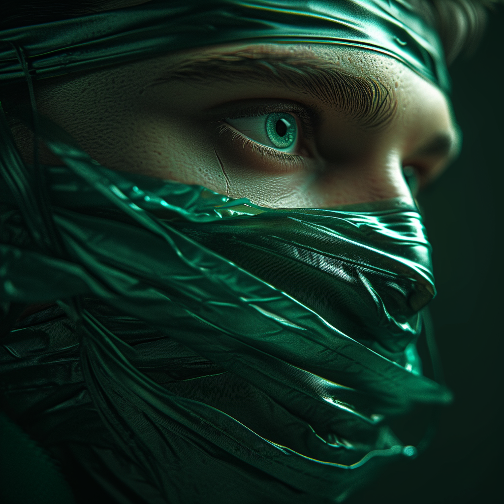 Man with green tape mask and doctor's masks over eyes