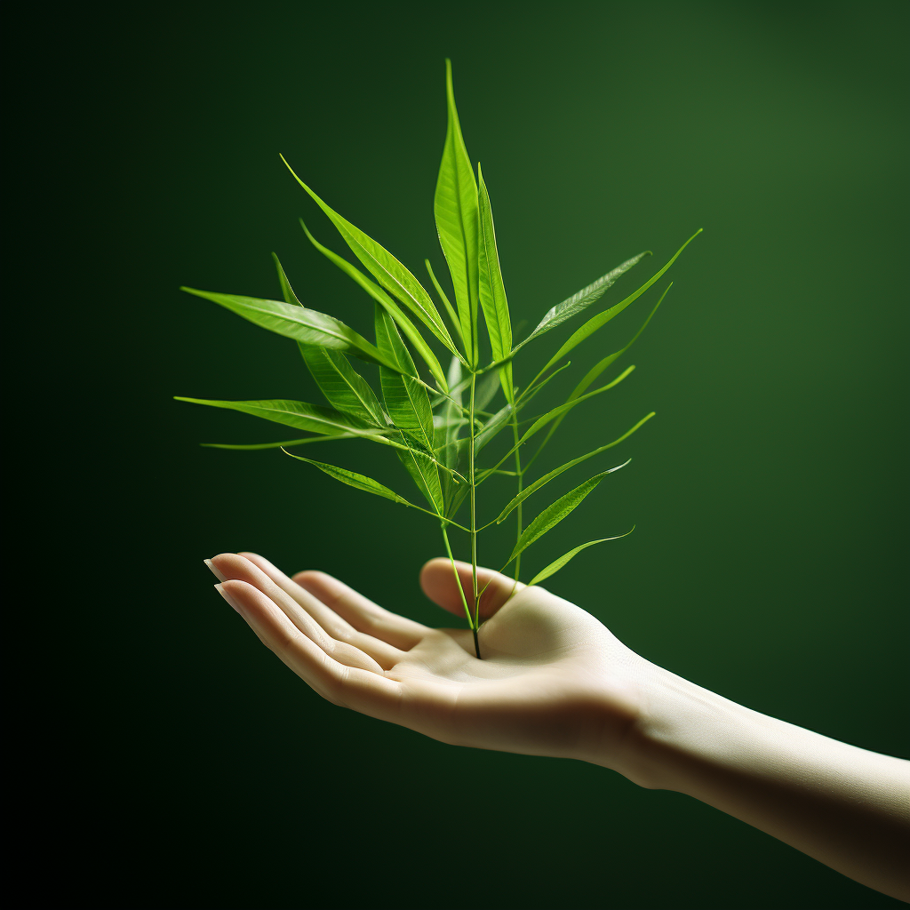 Girl's Hand Holding Fresh Green Tea Leaves