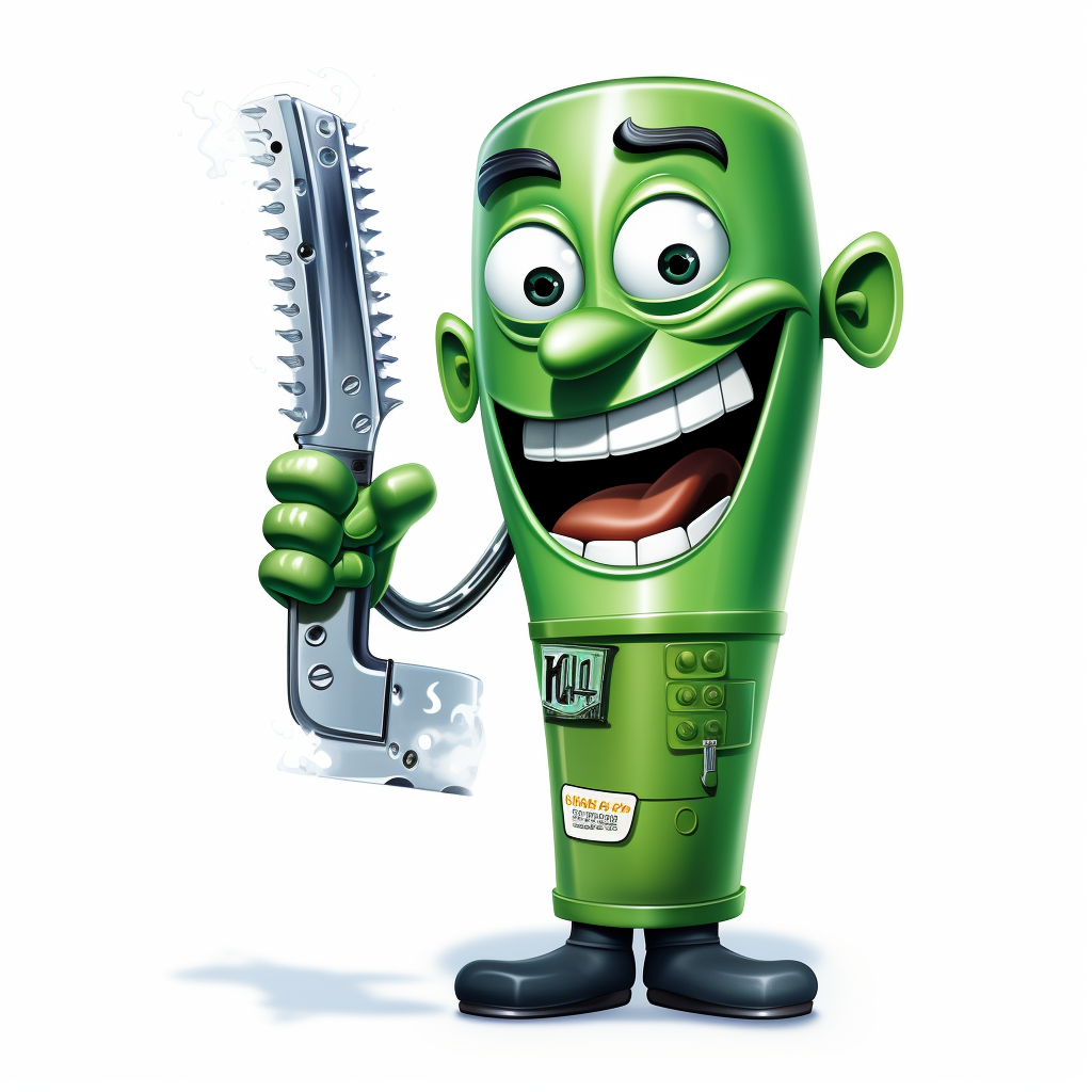 Smiling green thermos holding a chainsaw