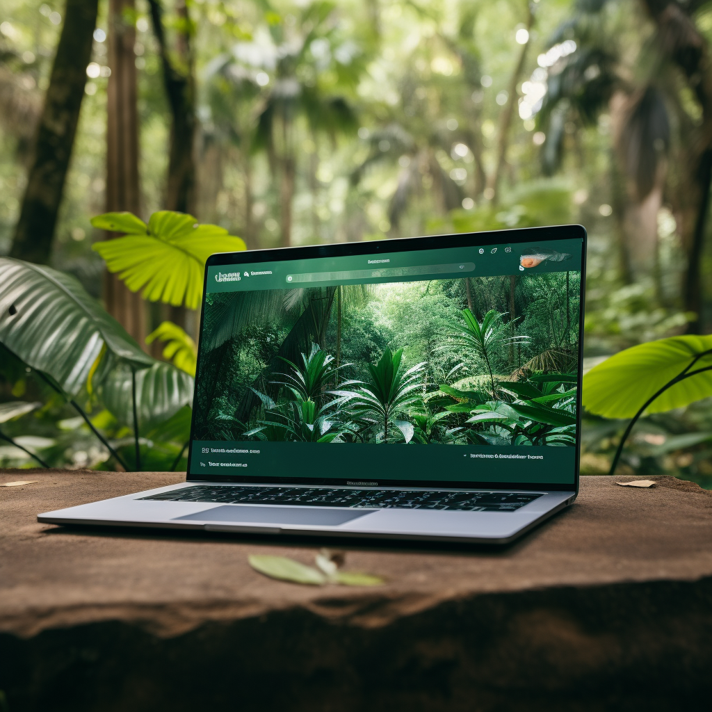 Laptop displaying customer reviews in jungle setting