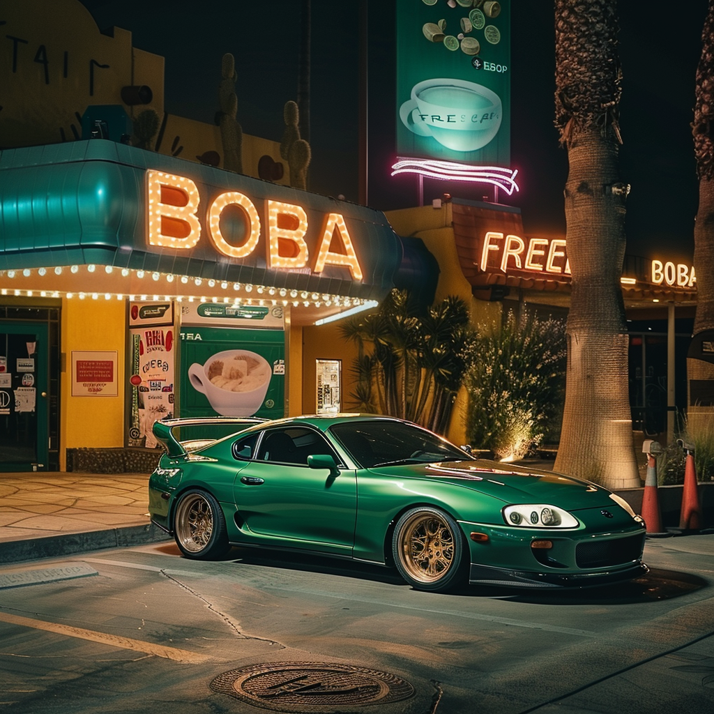 Green Toyota Supra Restaurant Parked