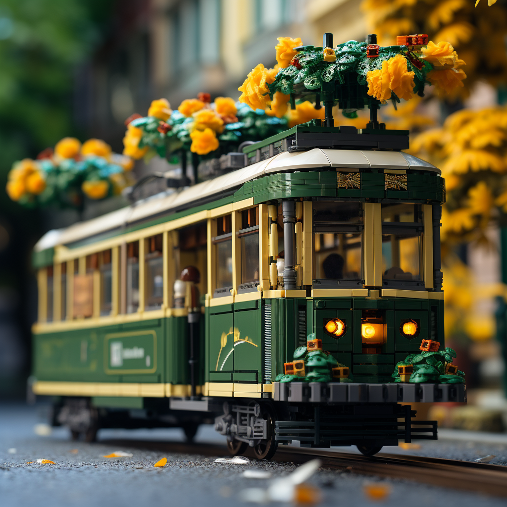 Dark green tram with yellow flowers