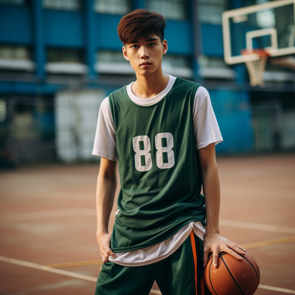 Korean Male in Green T-Shirt on Basketball Court