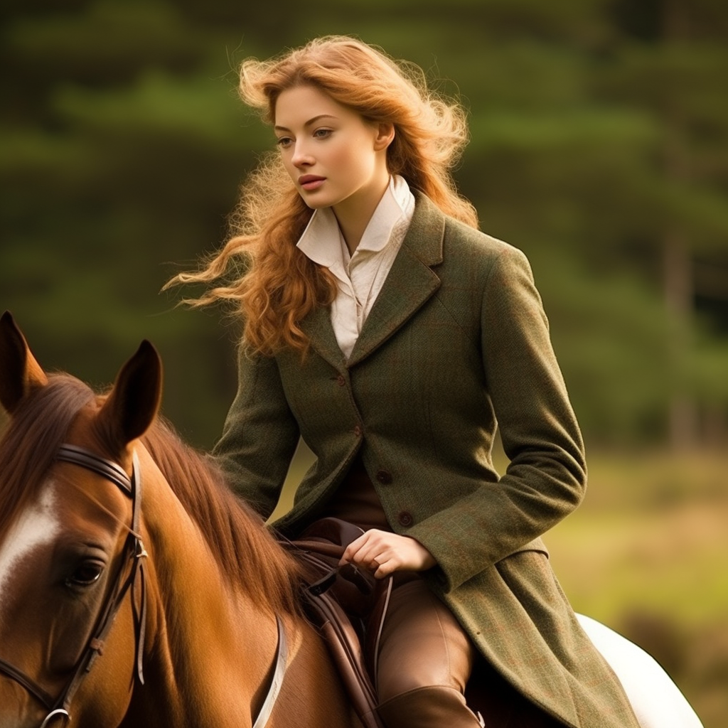 Woman in Green Tweed Skirt and Hacking Jacket