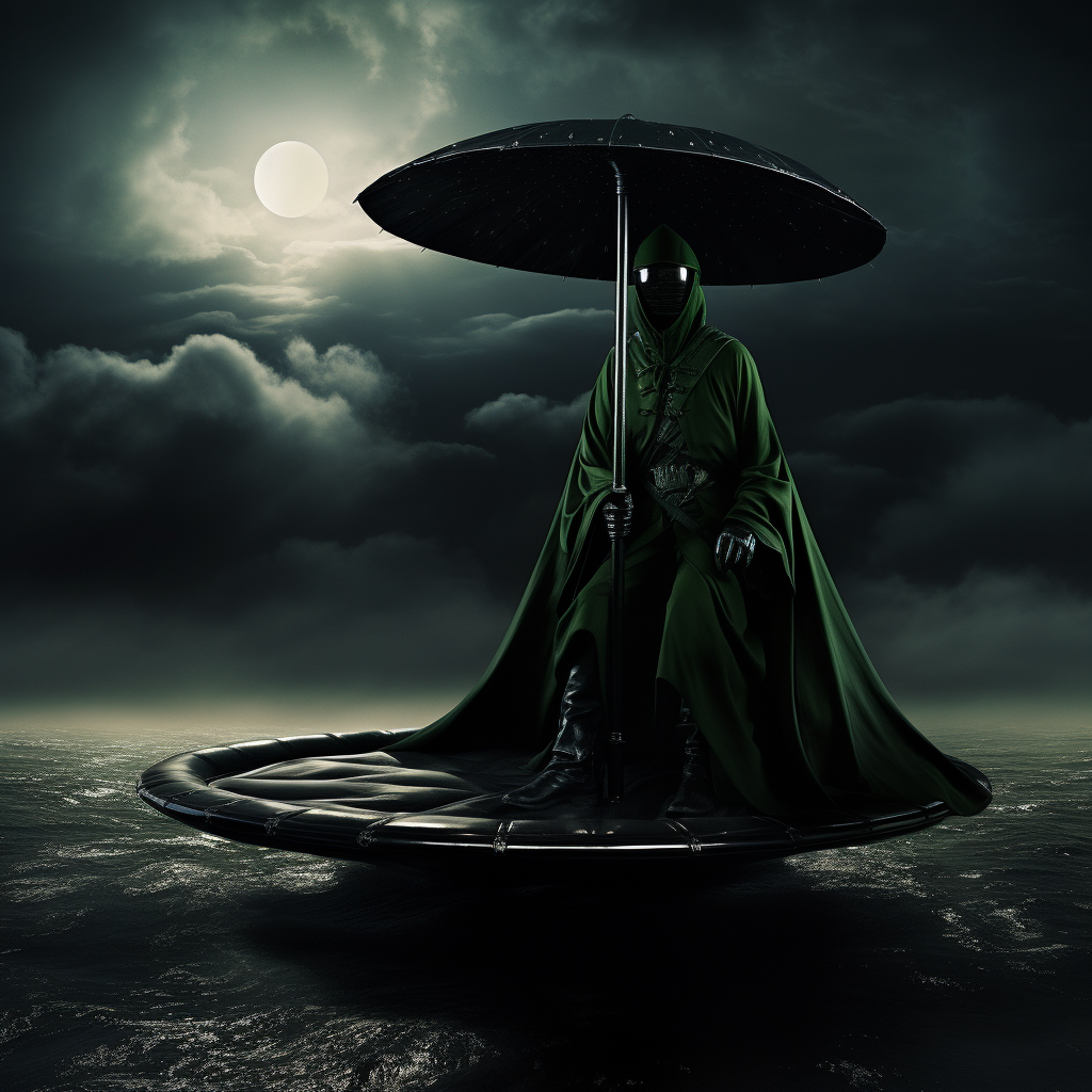 Elegant green UFO with black trench boat and silver staff