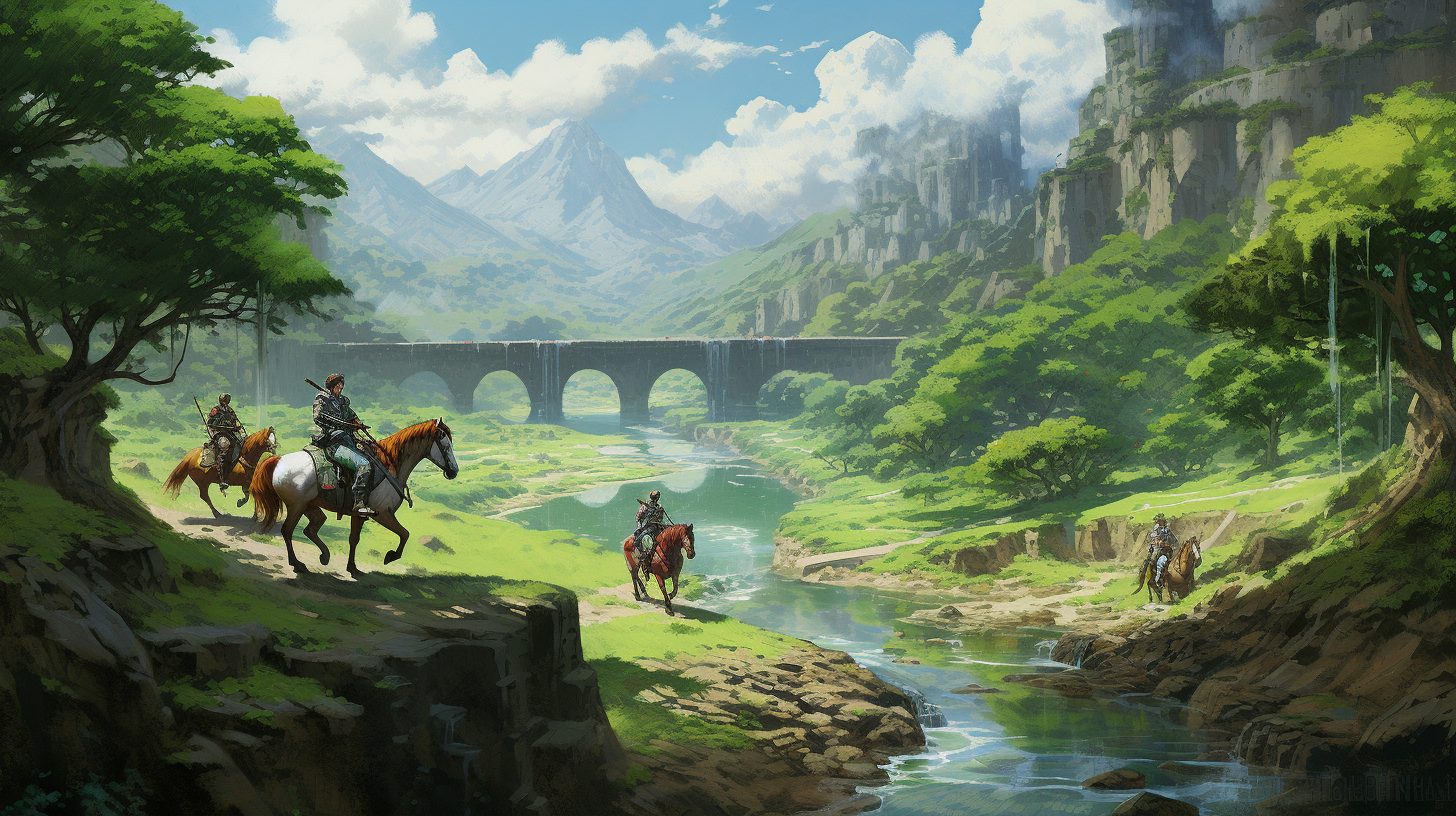 Scenic view of green valley with aqueduct ruins and horses