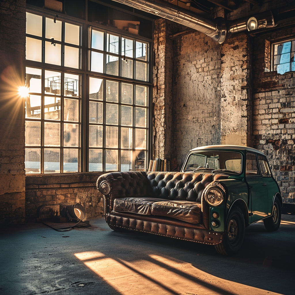 Stylish green vintage car in sunlit loft living room