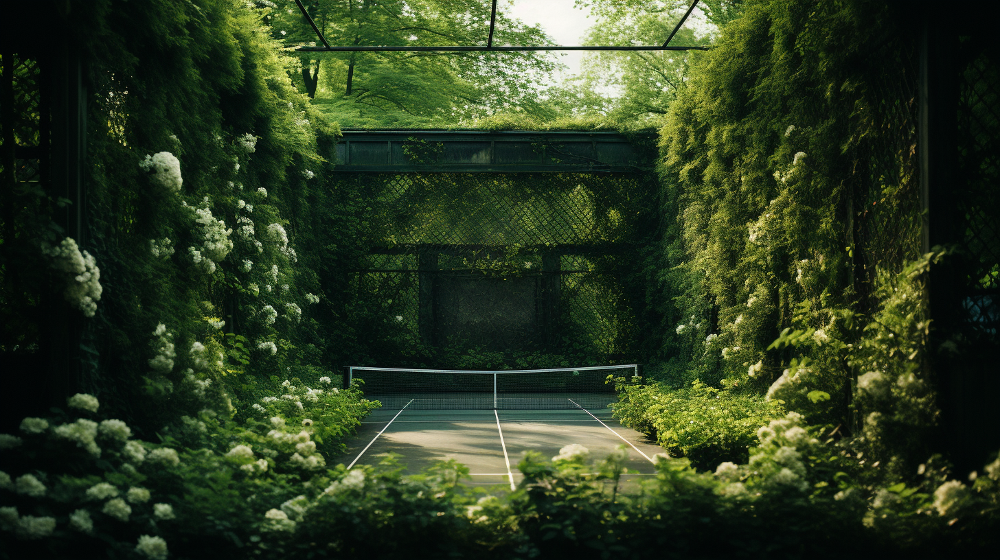 Green and White Tennis Court in Woodland