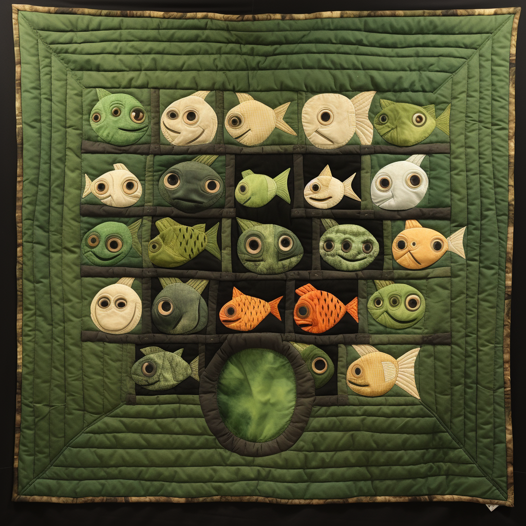 Quilt with adorable fish-headed babies peeking through a green window