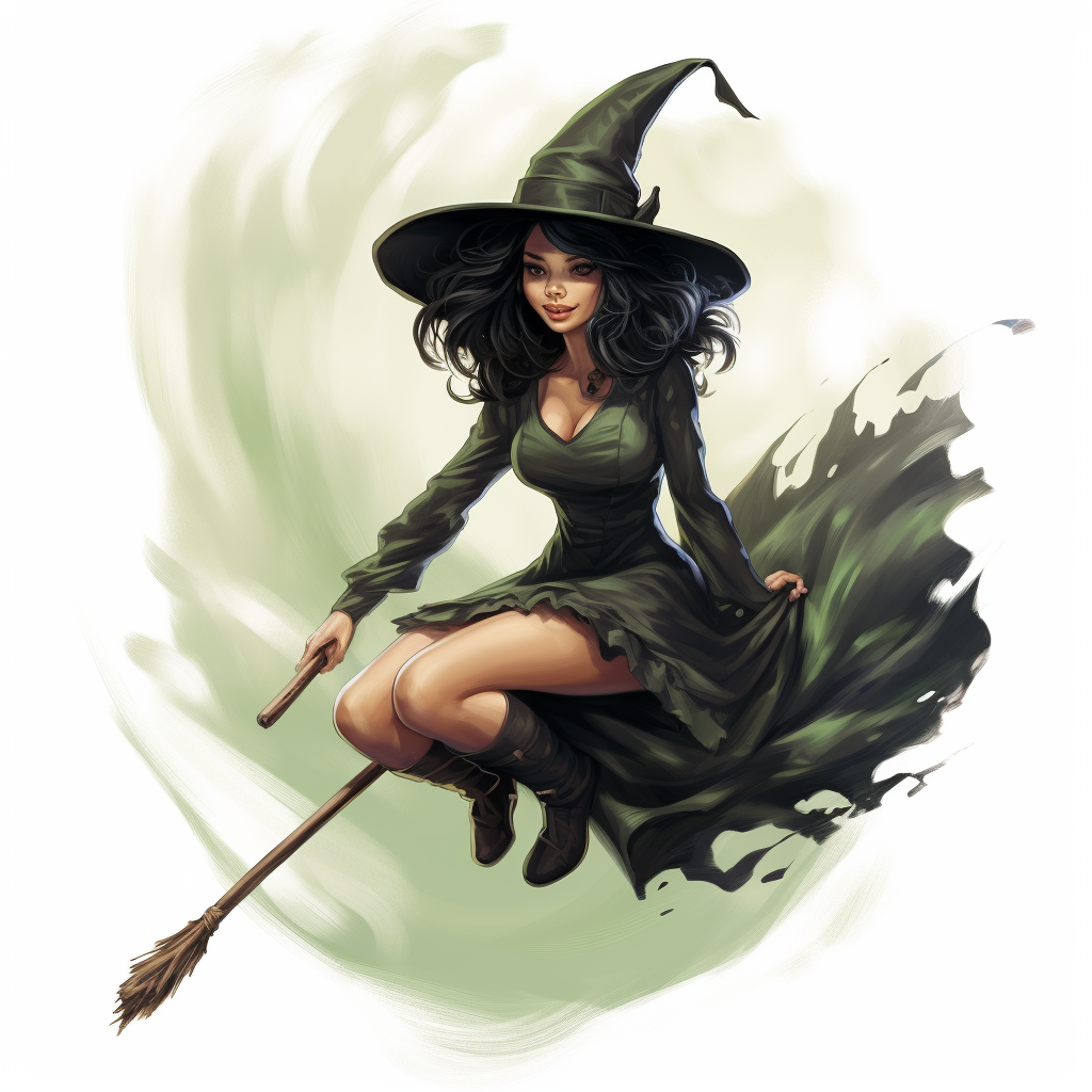 Woman with Green Skin Flying on Broom