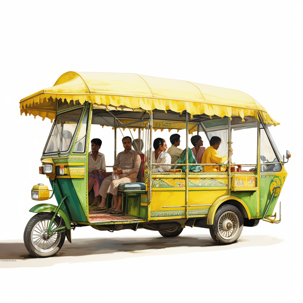 Green and Yellow E-Rickshaw with Indian Passengers