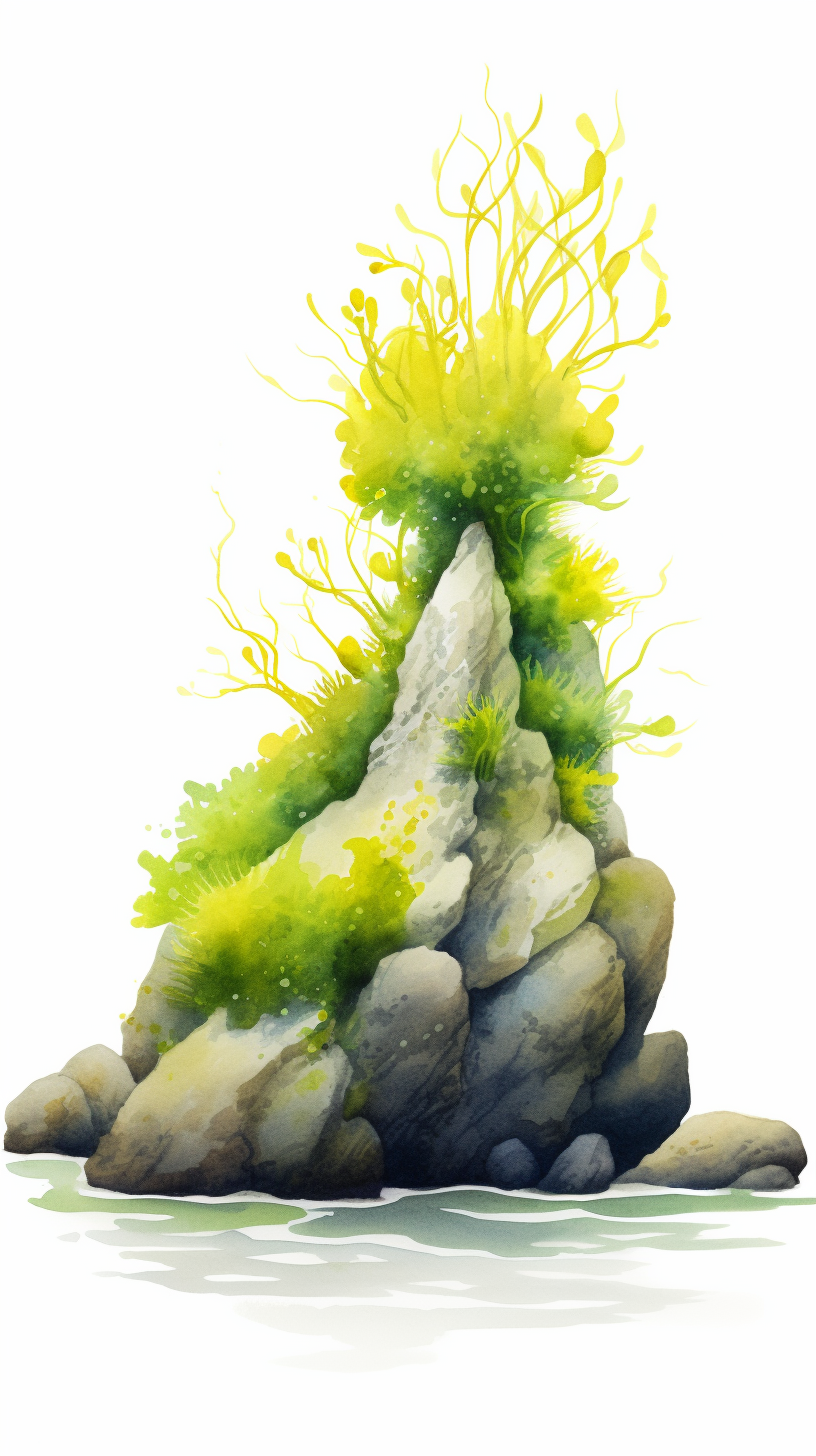 Illustration of lush sea moss on wet rocks