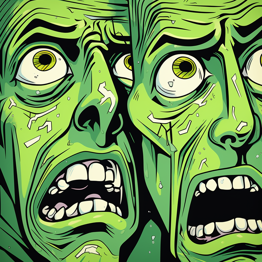 Zombie faces in crowded comicbook scene