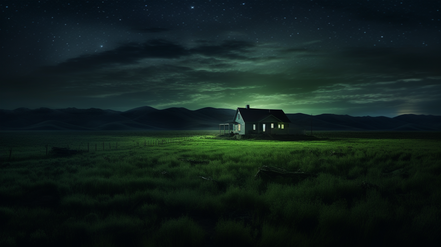 Green field landscape with house and American flag