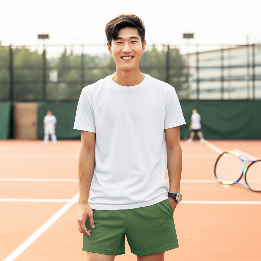 Smiling Korean Male in Green T-Shirt at Tennis Court