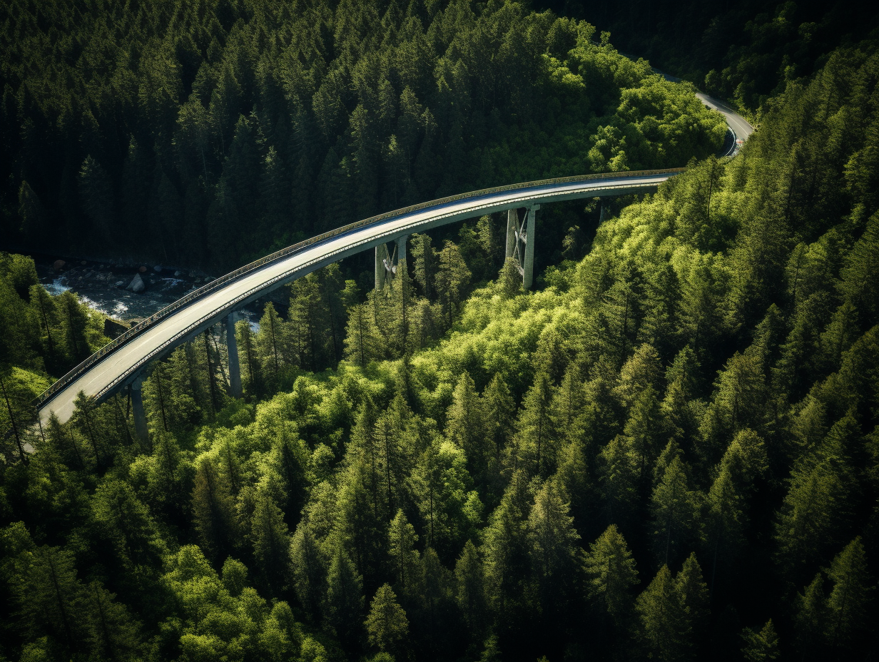 Beautiful bridge over road amidst lush greenery