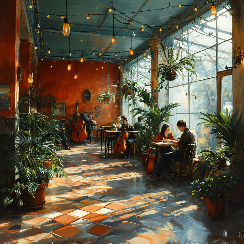 Greenhouse cafe with people playing instruments