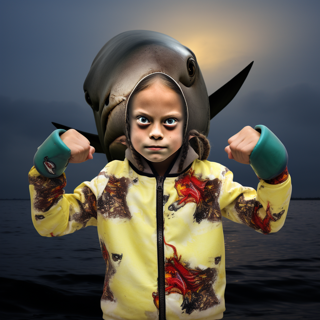 Greta Thunberg with fish-heads boxing