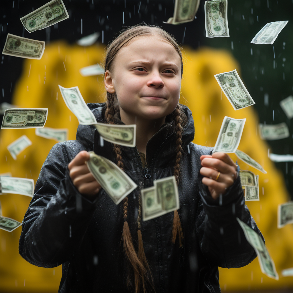 Greta Thunberg wiping tears with cash