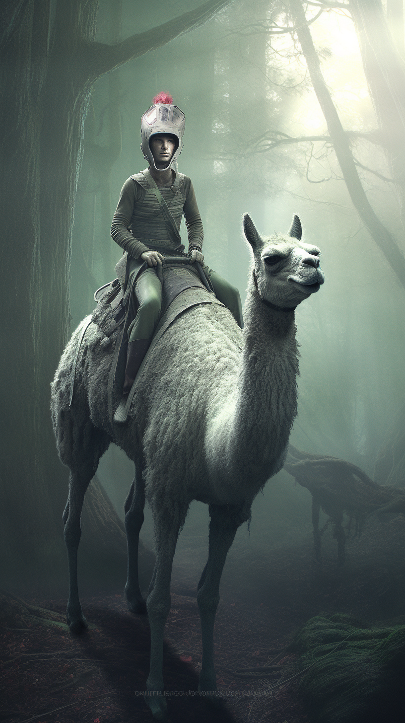 Grey alien riding llama adventure