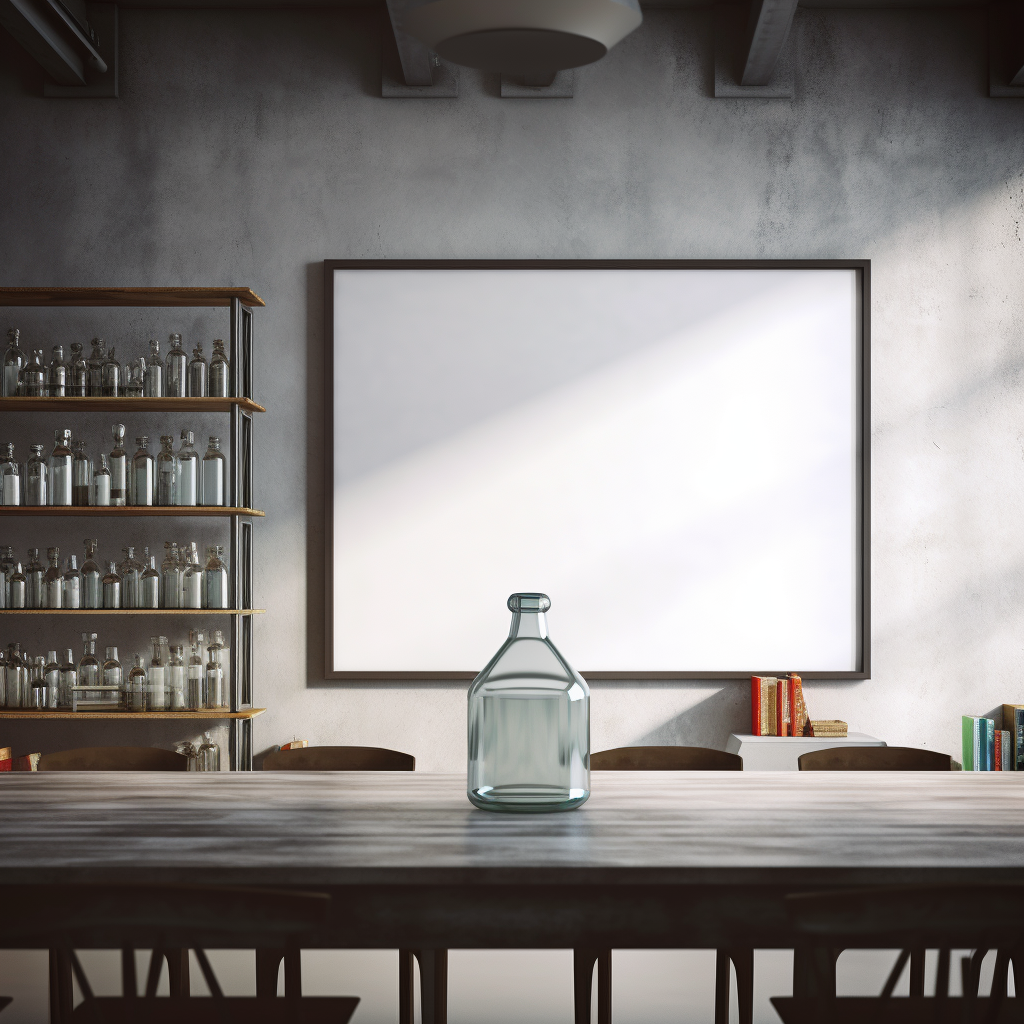 Grey Big Conference Room with White Board and Vintage Bottle