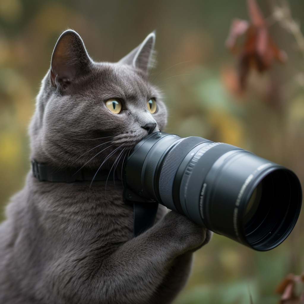 Grey cat with camera