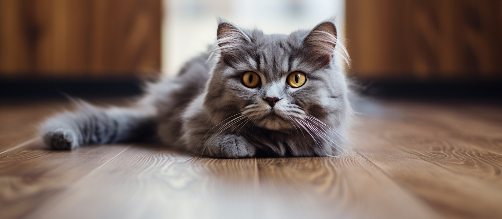 Adorable grey cat on wooden floor