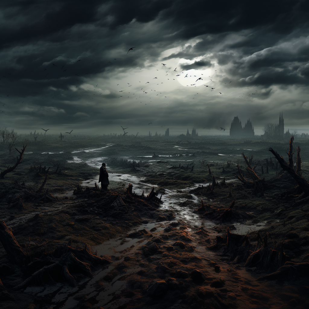 Game concept art of grey dead wasteland with black clouds