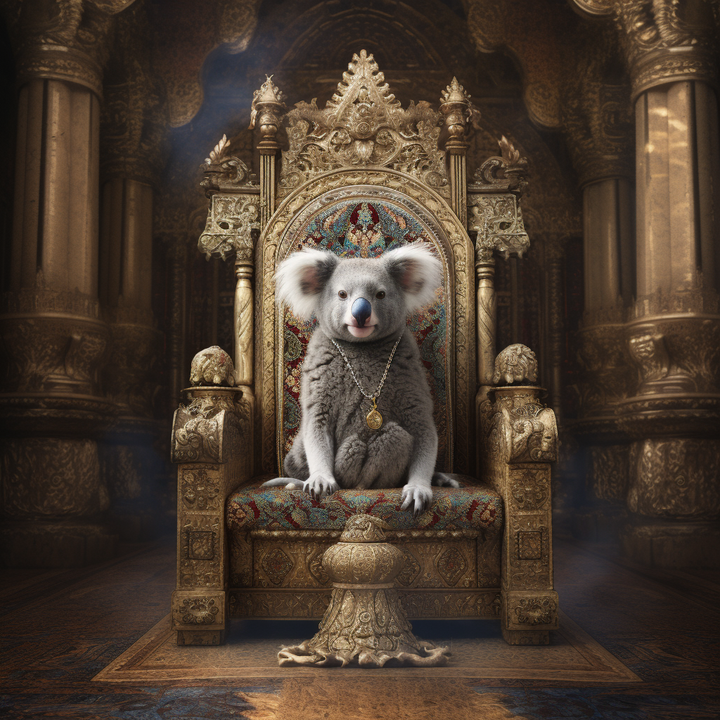 Grey fluffy toy koala on throne