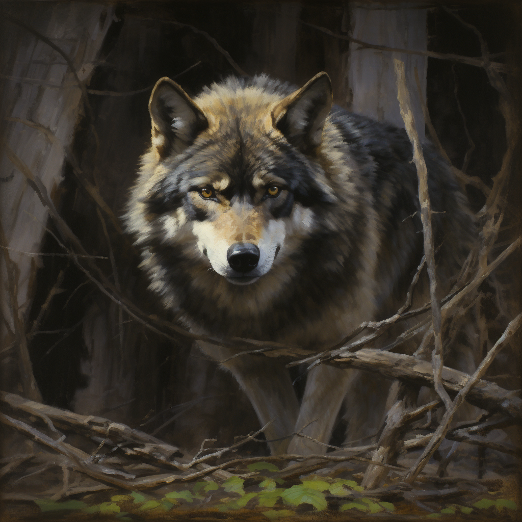 Powerful grey-furred wolf in Max Prentis style