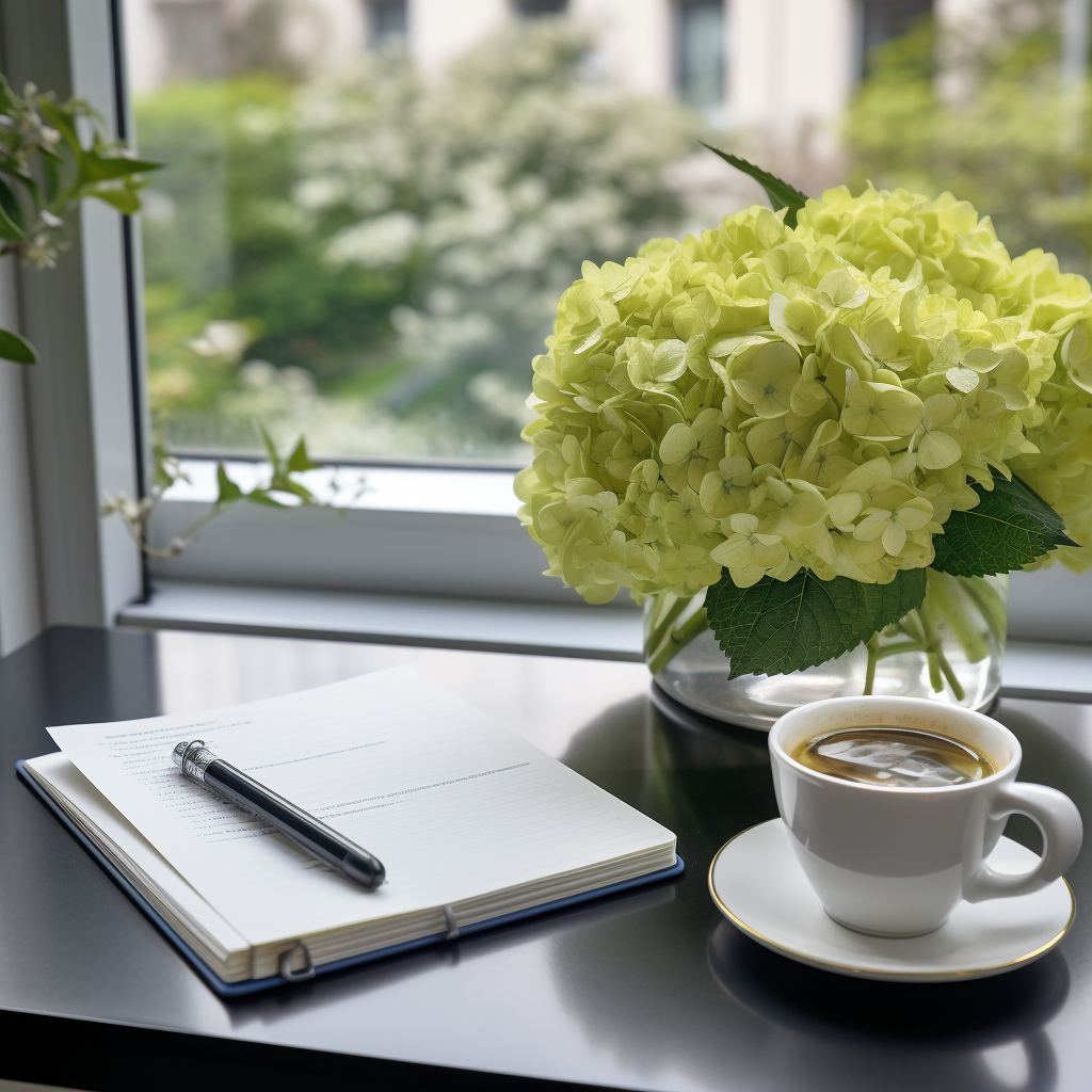 Grey granite desktop with notepad, pen, phone, cappuccino, and hydrangea