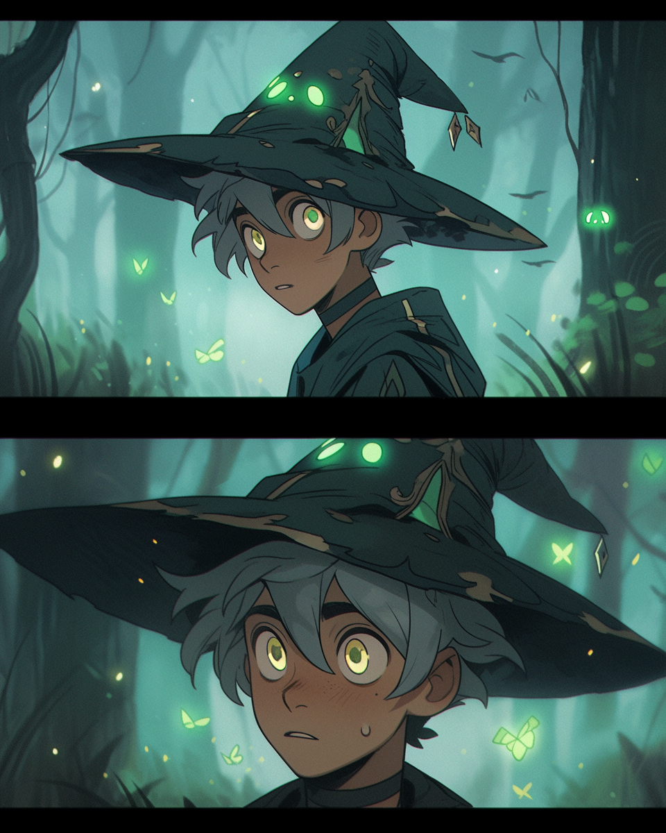 Grey-Haired Male Witch Anticipating in Misty Forest