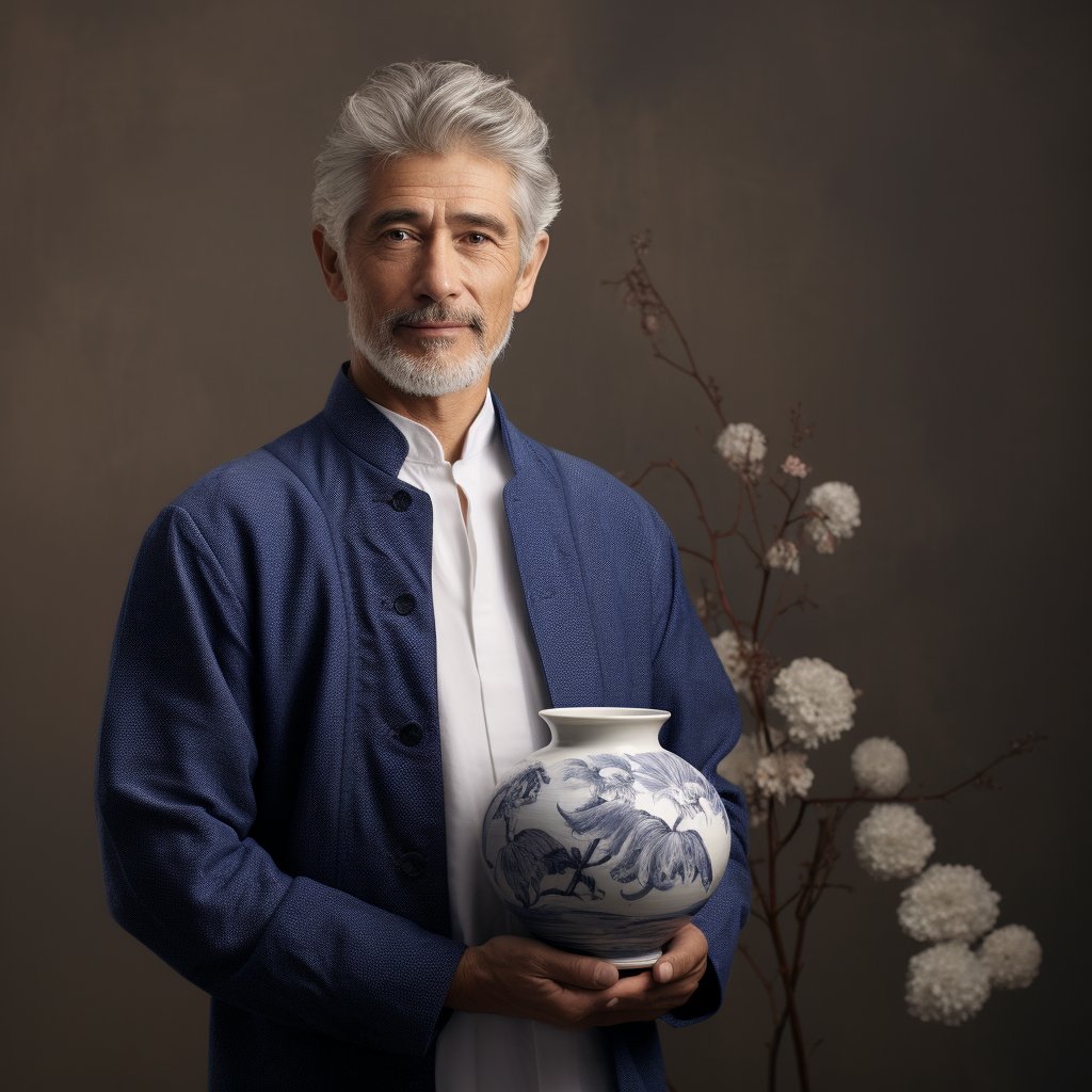 Man in smart casual wear holding a Yuan blue and white plum vase  ????