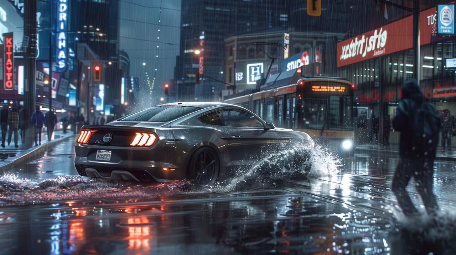 grey mustang drifting night rainstorm