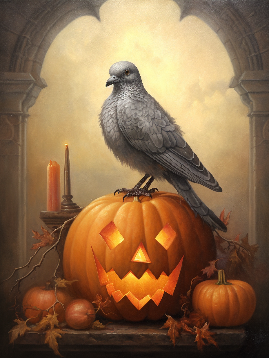 Grey pigeon sitting on jack o' lantern