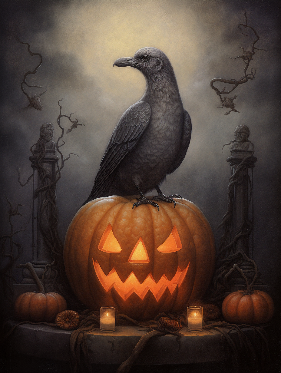 Grey pigeon on jack-o'-lantern