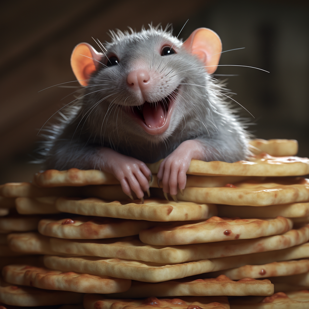 Grey rat on pile of pizzas