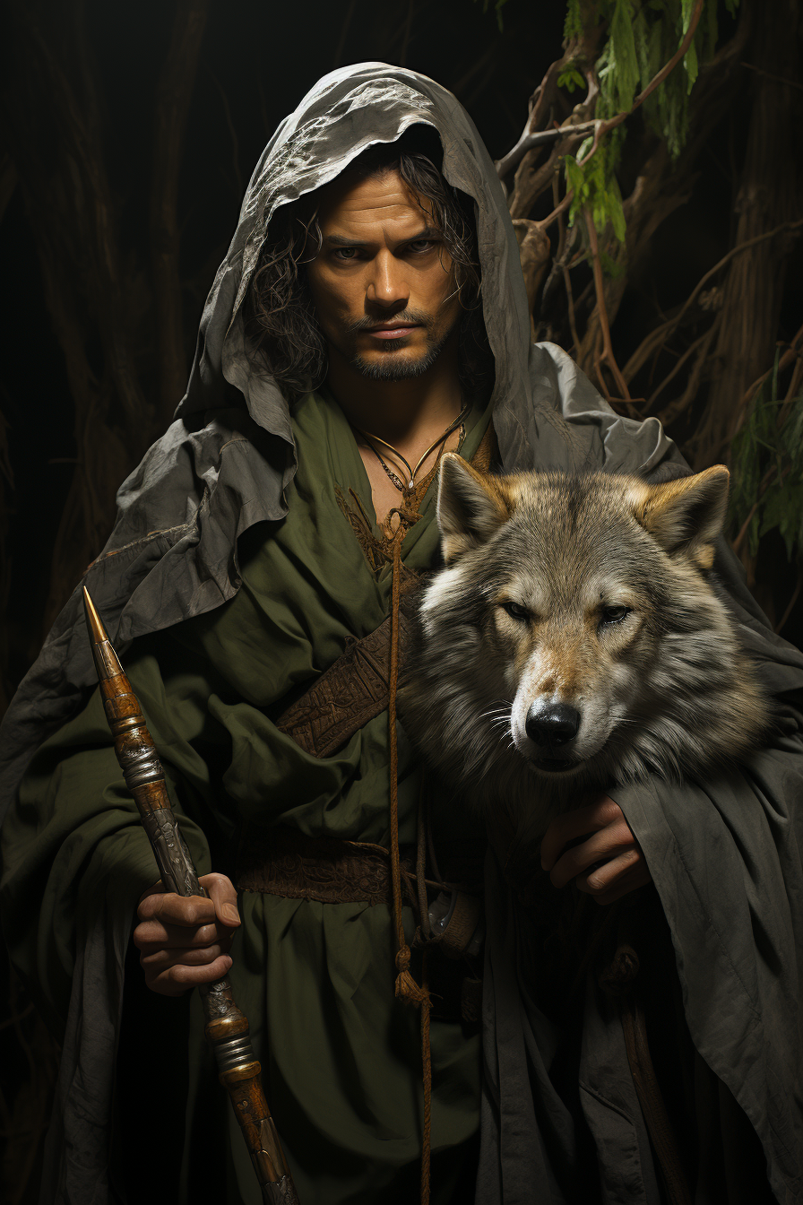 Mysterious guy with quarterstaff, werewolfs and cross in background